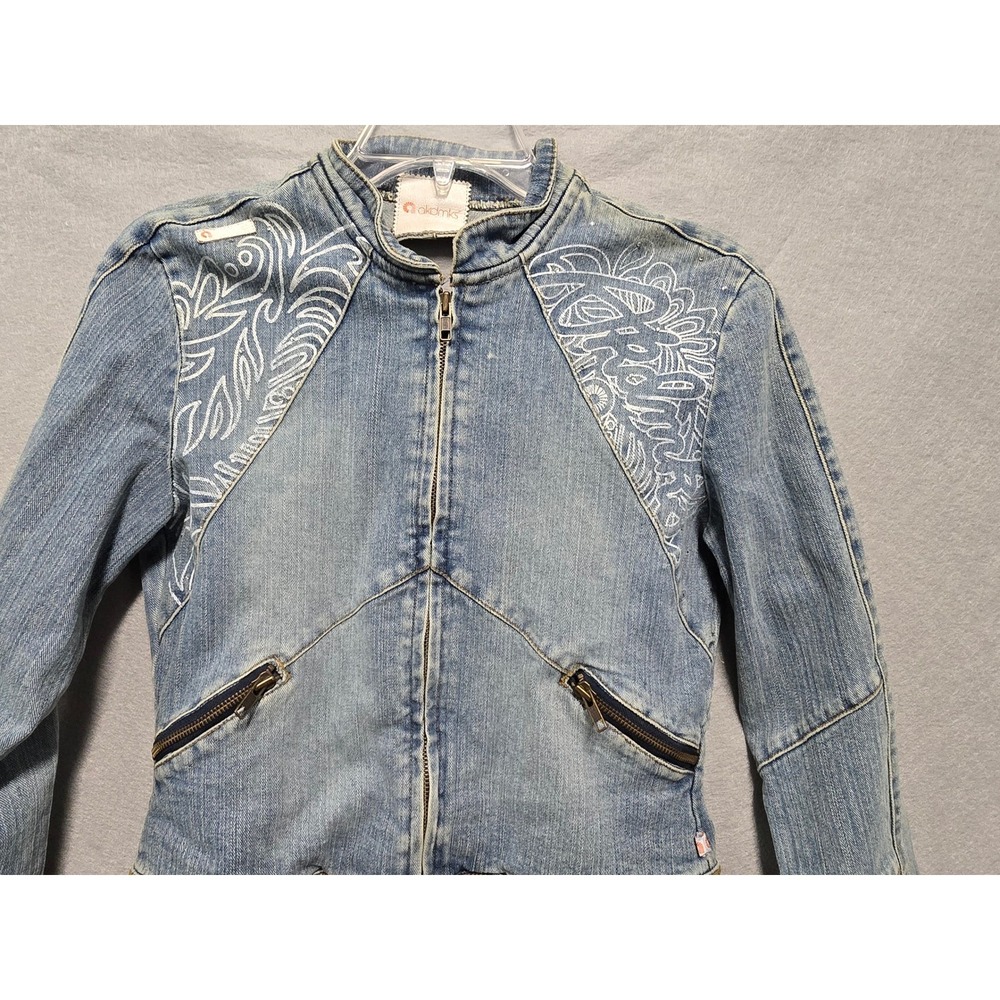 Akademiks Womens Blue Denim Zip Up Moto Jacket)[ Back Cutout Size M